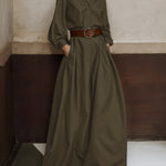 Long Sleeves Loose Buttoned No Belt Solid Color V-neck Jumpsuits