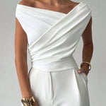 Short Sleeves Skinny Asymmetric Pleated Solid Color Split-Joint Asymmetric Neckline T-Shirts Tops