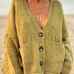 Solid Color Loose Long Sleeve V-neck Pocket Knitted Sweater Cardigan