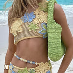 Susanna Knit Crochet Handmade Flower One Shoulder Stretch Crop Tank