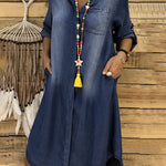 Casual Denim Solid Turndown Collar Singe Breasted Pockets Midi Dress