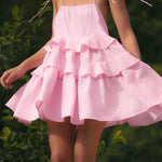 High Waisted Loose Backless Layered Pleated Solid Color Tied Spaghetti-Neck Mini Dresses