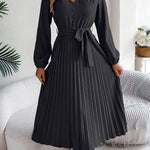 High Waisted Long Sleeves Belted Buttoned Pleated Solid Color V-Neck Maxi Dresses
