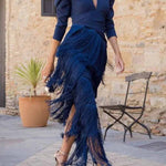 French V-neck long-sleeved tassel evening gown