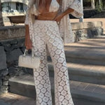 Holiday Crochet Flowers Lace Short Sleeve Shirt and Elastic Waist Wide Leg Pants Set