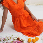 A-Line Loose Elasticity Hollow Pleated Solid Color V-Neck Mini Dresses