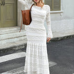 Bodycon Flared Sleeves Flower Print Pleated See-Through Solid Color Split-Joint Textured Round-Neck Maxi Dresses
