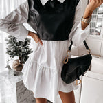 Long Sleeves Loose Contrast Color Pleated Split-Joint Lapel Mini Dresses