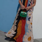 Scoop Neck Color Block Floral Print Ruffle Maxi Cami Dress