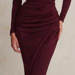 Burgundy Off-Shoulder Ruched Midi Dress