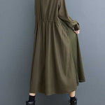 A-Line Long Sleeves Buttoned Pleated Pockets Split-Joint Lapel Midi Dresses Shirt Dress