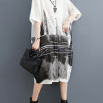 Half Sleeves Loose Printed Lapel Midi Dresses