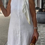 Linen Blend Solid Color Crew Neck Sleeveless Casual Mini Dress