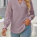 Solid color hollowed out gathered ruffle sleeve V-neck loose long-sleeved top