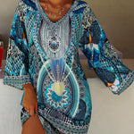 A-Line Flared Sleeves Printed Split-Joint V-Neck Mini Dresses