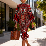 Flared Sleeves Long Sleeves Contrast Color Flower Print Geometric Split-Joint Round-Neck Midi Dresses