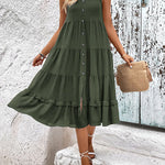 Loose Sleeveless Buttoned Solid Color Tiered Round-neck Midi Dresses
