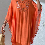Batwing Sleeves Loose Hollow Solid Color Sun Protection Tasseled Round-Neck Cover-Ups Tops Midi Dresses