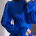 A-Line Long Sleeves Pleated Solid Color Tied Waist Zipper Mock Neck Maxi Dresses