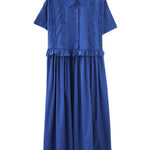 Simple Short Sleeves Loose Buttoned Falbala Split-Joint Solid Color Midi Shirt Dress