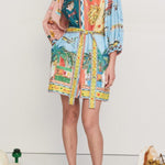 Linen Blend Unique Print Balloon Sleeve Belted Pocket Shirt Mini Dress