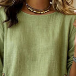 Women'S Casual Round-Neck Button-Up Cotton And Linen Top