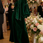 A-Line Long Sleeves Bow-Embellished Pleated Solid Color Split-Joint High Neck Maxi Dresses