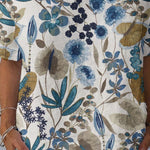 Women's Artistic Floral Pattern Cotton and Linen Short Sleeve Top