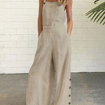 High Waisted Loose Buttoned Pockets Solid Color Spaghetti-Neck Overalls