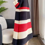 A-Line Loose Pleated Striped Round-Neck Midi Dresses