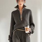 Women's Minimalist Loose Knit Zipper Half Turtleneck Sweater Wide-Leg Pants Set