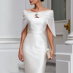 Off-Shoulder Draped Cape Satin Midi Dress