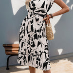 High Waisted Sleeveless Abstract Printed Contrast Color Pleated Polka-Dot Split-Joint Tied Waist Round-Neck Midi Dresses