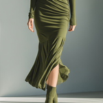 Women's Army Green Stretch Knit High Neck Pleated Slim Fit Maxi Dress