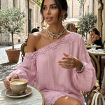 Long Sleeves Loose Solid Color Split-Joint One-shoulder Mini Dresses