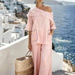 Women'S Casual Solid Color Cotton And Linen Top And Pants Two-Piece Set