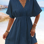 Batwing Sleeves Loose Elasticity See-Through Split-Joint V-Neck Mini Dresses