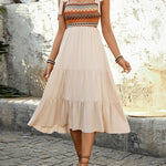 A-Line High Waisted Contrast Color Jacquard Pleated Split-Joint Adjustable Straps Midi Dresses