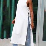 High-Low Loose Lace-Up Solid Color Split-Joint Split-Side Round-Neck Vest Top