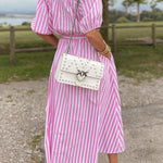 Striped Bud Sleeve V-Neck Belted Waist Dress
