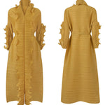 Original Loose Long Sleeves Tied Pleated Falbala Solid Color V-Neck Maxi Dresses