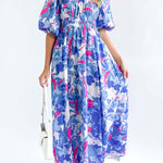 Elegant Square Neck Printed Puff Sleeve Long Dress