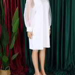 Puff Sleeves Beads Mesh Solid Color Split-Joint Round-neck Midi Dresses