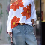 Long Sleeves Loose Flower Print One-Shoulder T-Shirts Tops