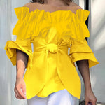 Loose Pleated Ruffled Solid Color Split-Joint Tiered Off-The-Shoulder Blouses&Shirts Tops