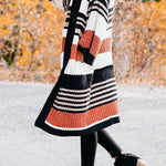 Pocketed Color Block Striped Chunky Knit Midi Cardigan