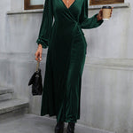 High Waisted Long Sleeves Solid Color Split-Side Tied Waist Velvet Deep V-Neck Maxi Dresses