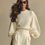 Women's Ivory Textured Set With Ribbed Crew Neck & High-Waisted Bottoms, Modern Sophisticated Style Set