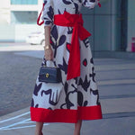 A-Line Long Sleeves Buttoned Contrast Color Tied Waist Notched Collar Maxi Dresses Shirt Dress