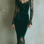 Elegant Green Velvet Long Sleeve Lace Midi Dress